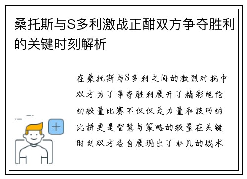 桑托斯与S多利激战正酣双方争夺胜利的关键时刻解析